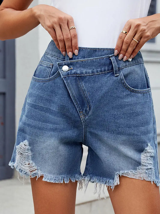 Harper - Asymmetrical Frayed Hem Denim Shorts