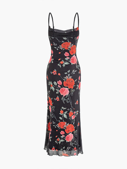 Floral - Mesh Spaghetti Strap Maxi Dress
