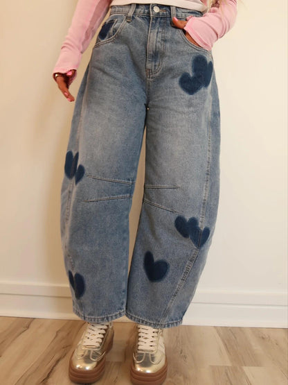 Sweetheart Barrel Leg Heart Print Jeans