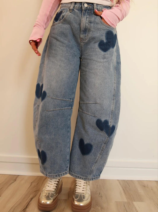 Sweetheart Barrel Leg Heart Print Jeans