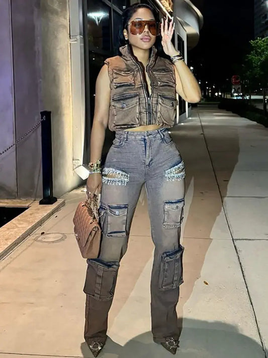 Stella – Glam Cargo Jeans With Fringe & Rhinestones