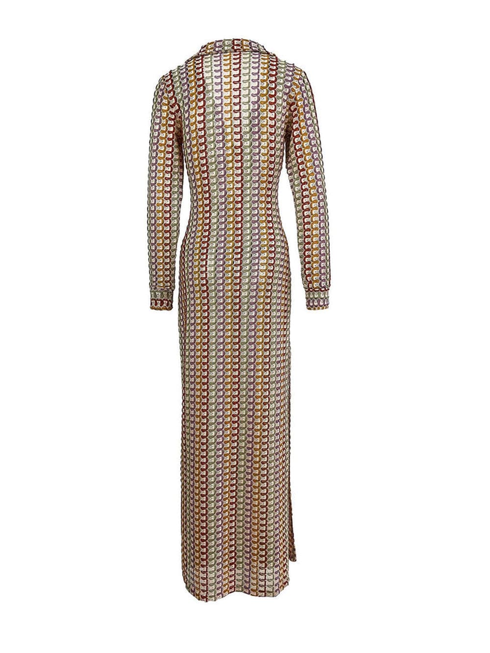 Boho Collared V Neck Split Wavy Striped Crochet Beach Vacation Maxi Dress - Brown - Airnori