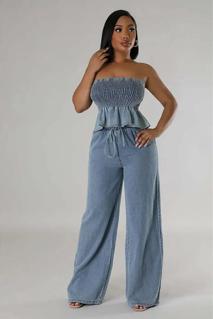 Harper - Ruffled Denim Crop & Wide-Leg Set