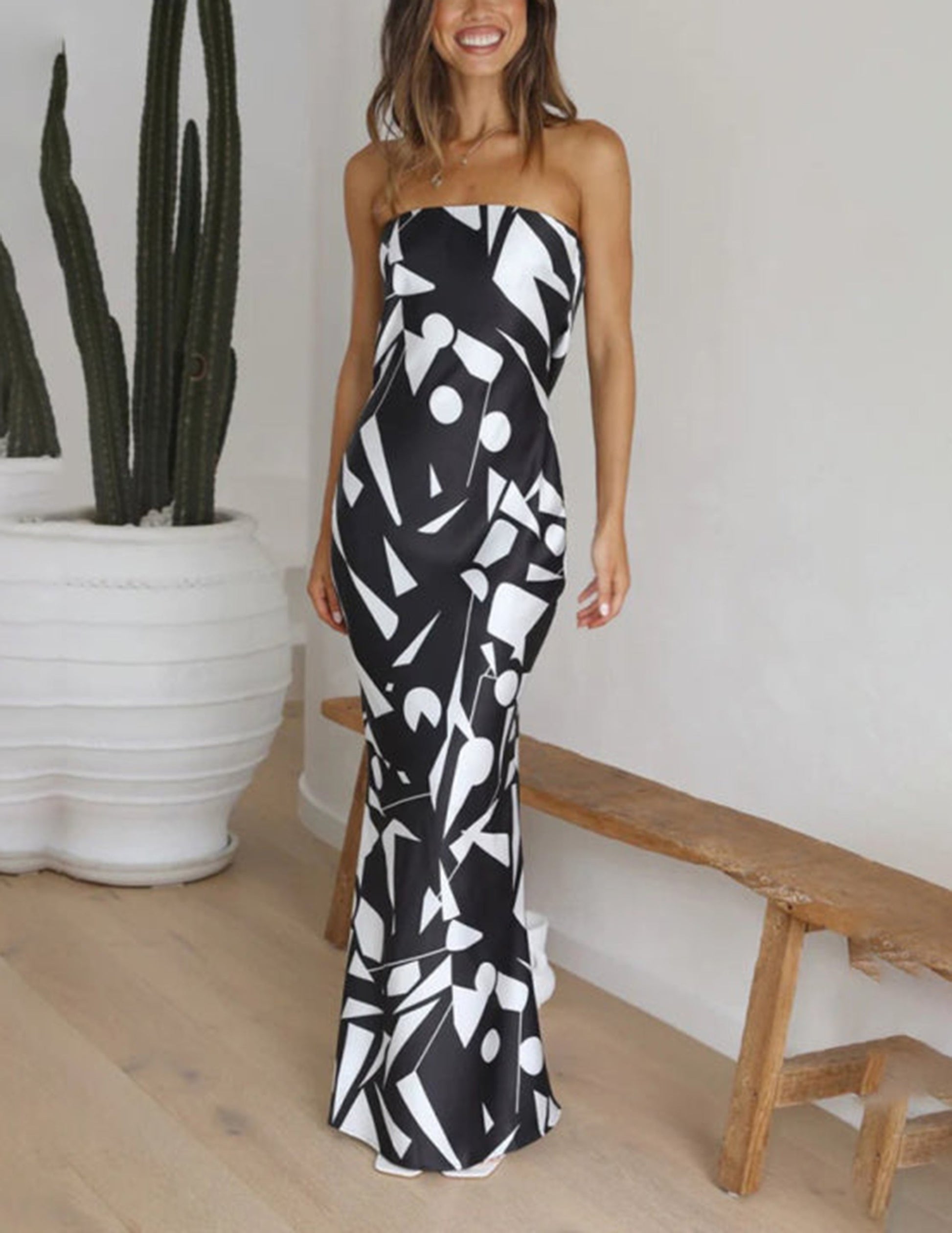 Satin Geometric Print Off Shoulder Maxi Dress - Airnori