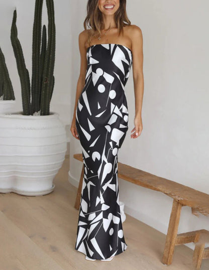 Satin Geometric Print Off Shoulder Maxi Dress - Airnori