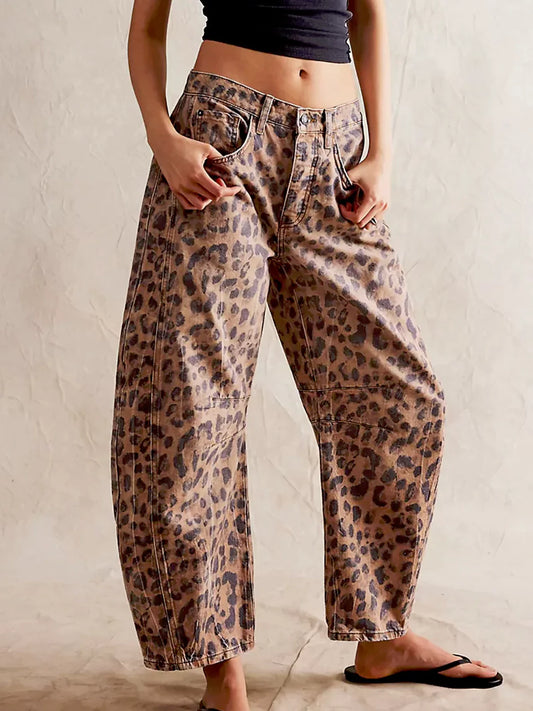 Wild Spirit Barrel-Leg Leopard Print Jeans