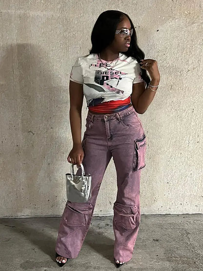 Urban Tie-Dye High-Waist Cargo Jeans