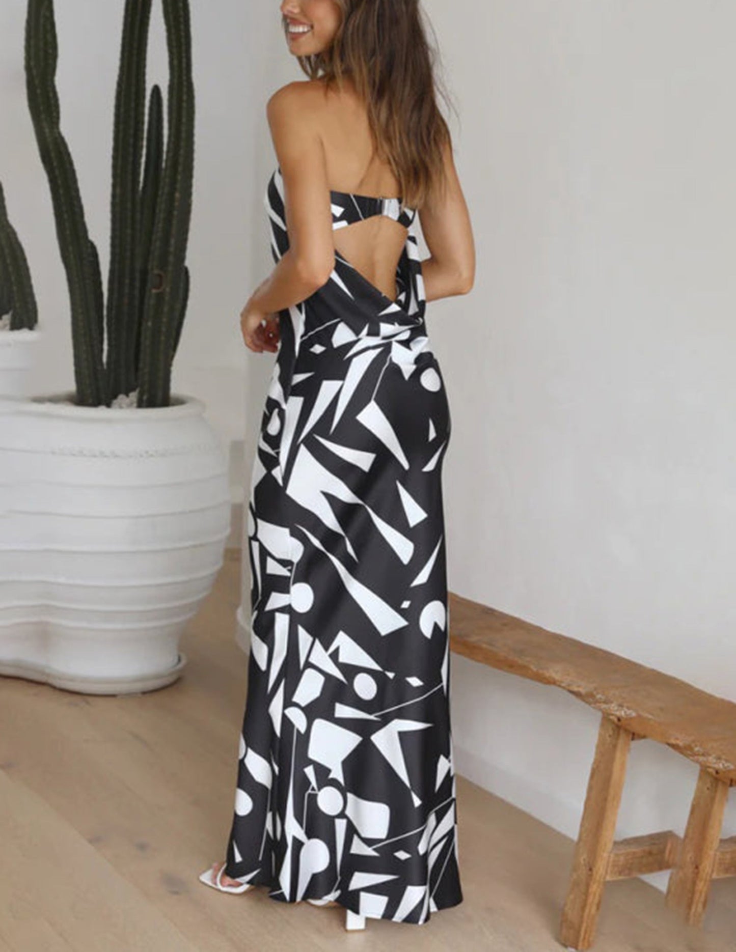 Satin Geometric Print Off Shoulder Maxi Dress - Airnori