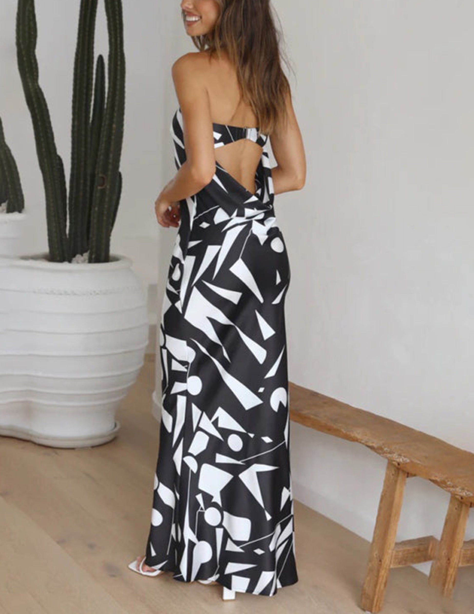 Satin Geometric Print Off Shoulder Maxi Dress - Airnori