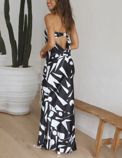 Satin Geometric Print Off Shoulder Maxi Dress - Airnori