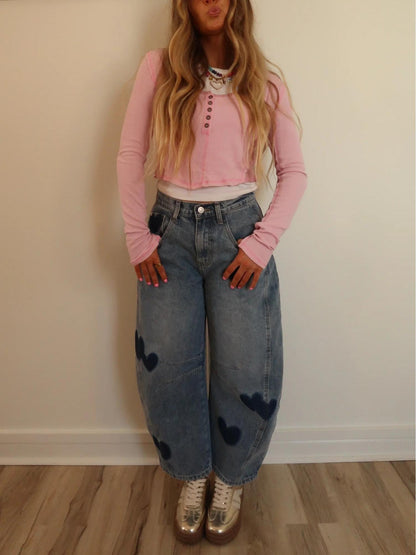 Sweetheart Barrel Leg Heart Print Jeans