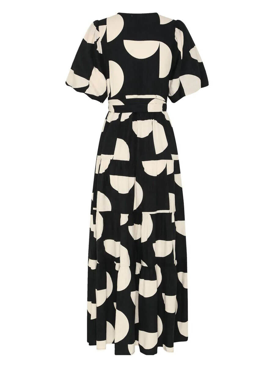 Puff Sleeve V-Neck Geometric Print Midi Dress - Airnori