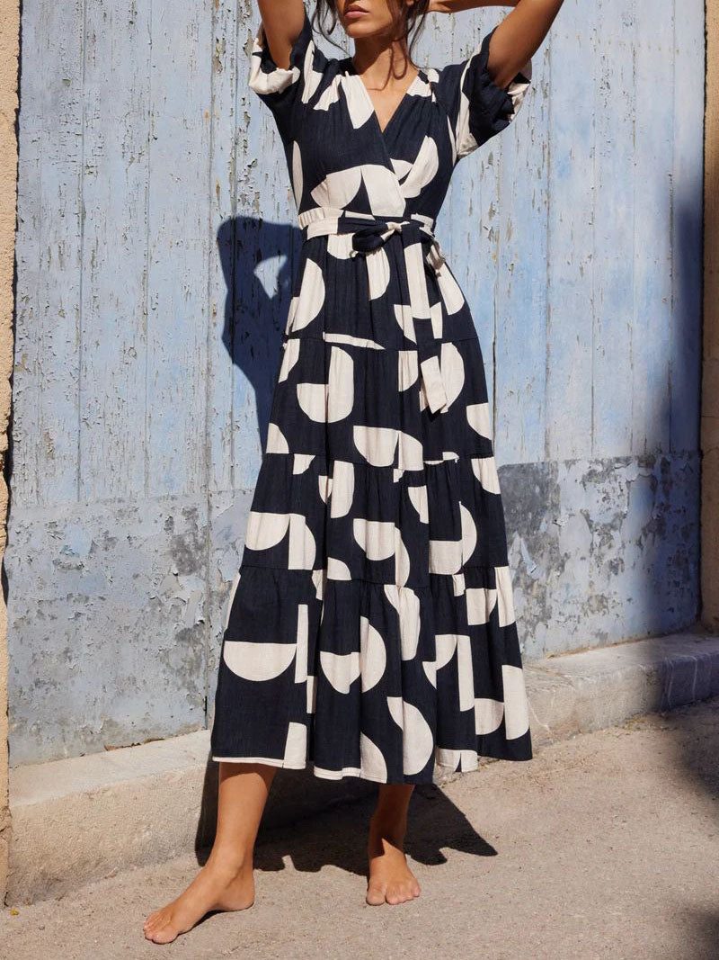 Puff Sleeve V-Neck Geometric Print Midi Dress - Airnori