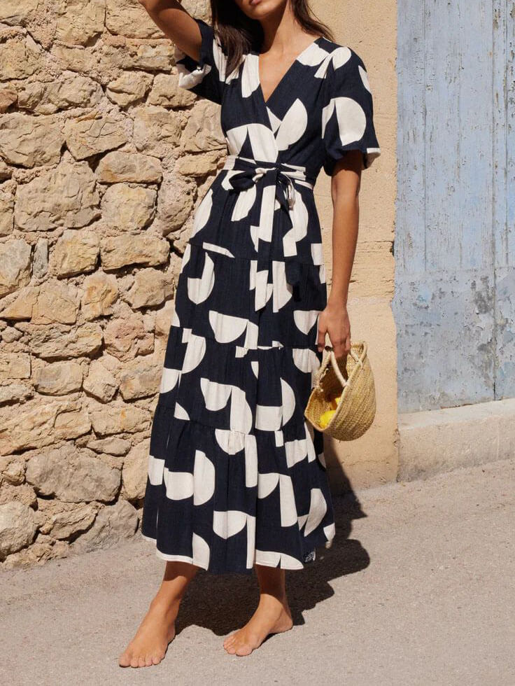 Puff Sleeve V-Neck Geometric Print Midi Dress - Airnori