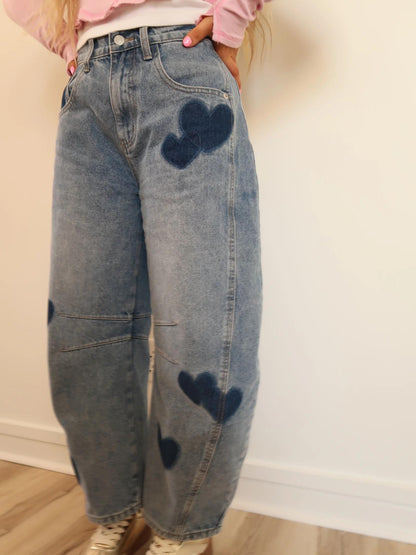 Sweetheart Barrel Leg Heart Print Jeans