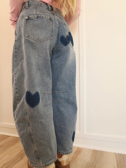 Sweetheart Barrel Leg Heart Print Jeans