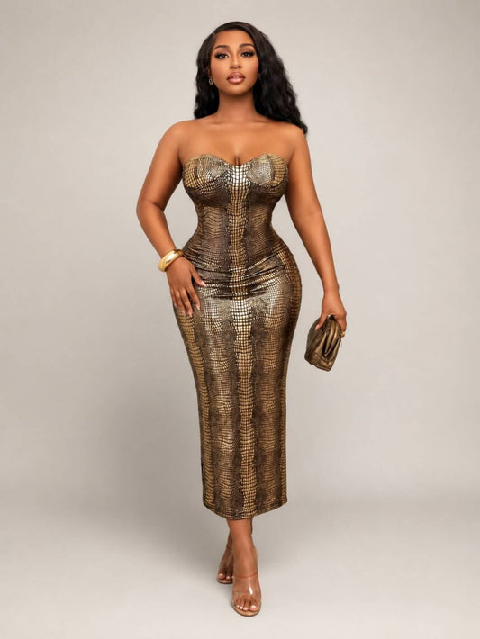 Gilded Texture Strapless Midi