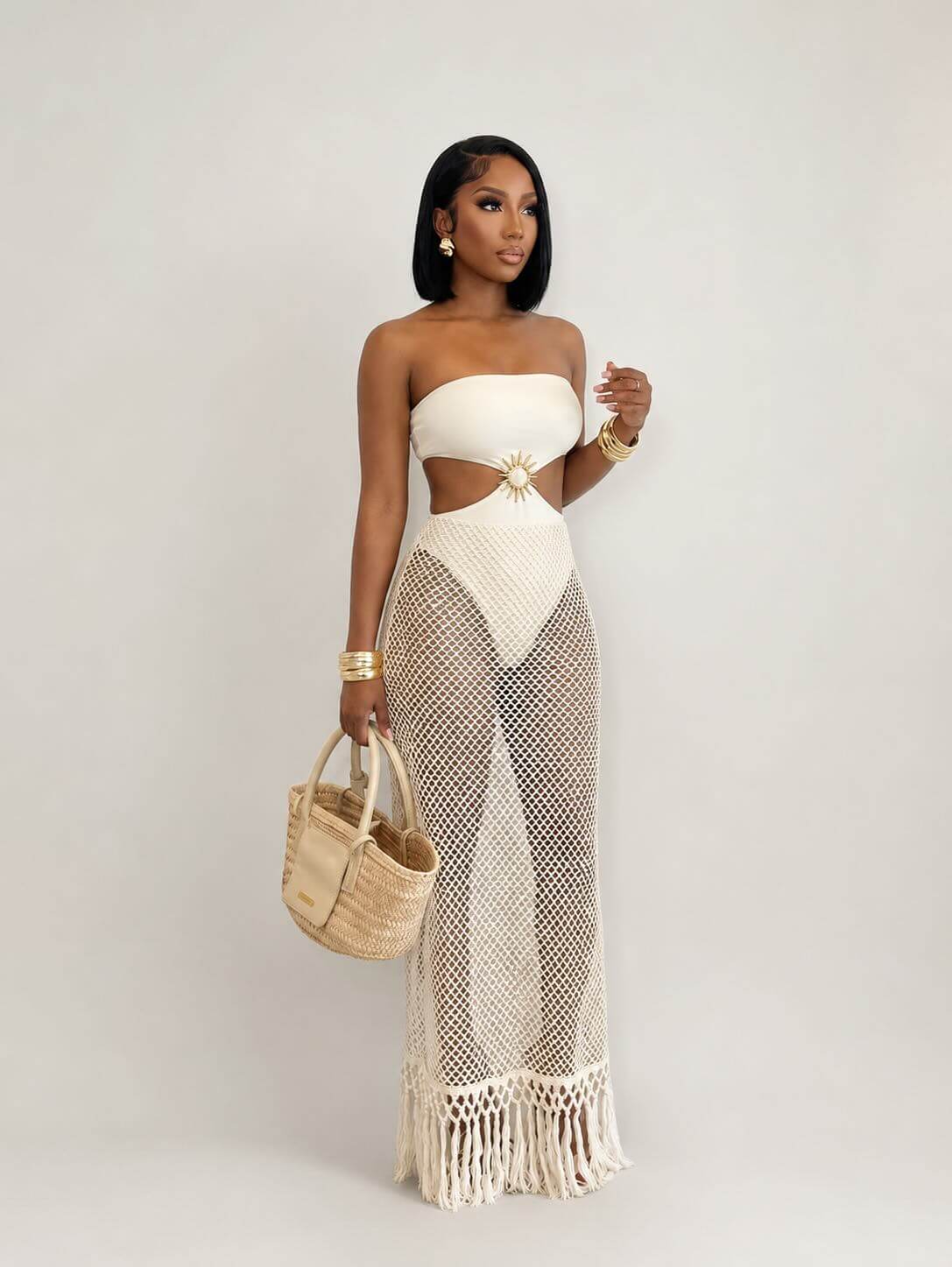 Ivory Sunburst Fishnet Maxi Dress