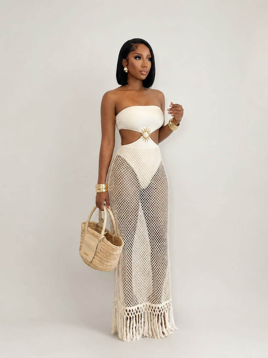 Ivory Sunburst Fishnet Maxi Dress