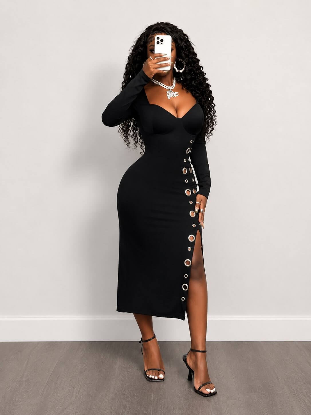 Midnight Charm Grommet Midi Dress