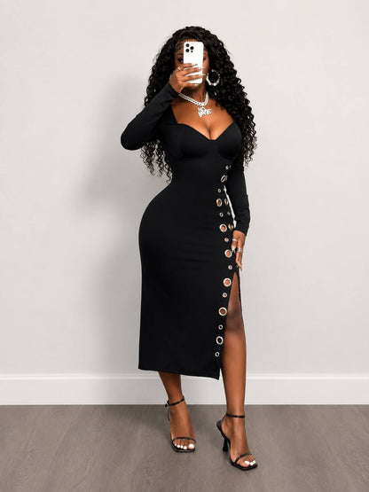 Midnight Charm Grommet Midi Dress
