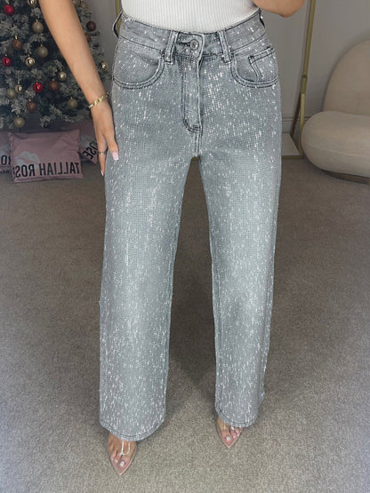 Storm Grey Diamanté Wide-Leg Statement Jeans