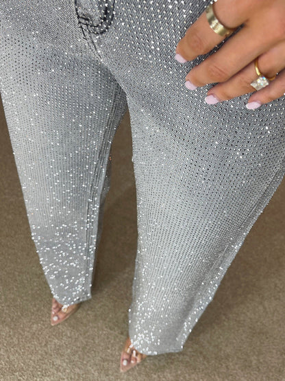 Storm Grey Diamanté Wide-Leg Statement Jeans