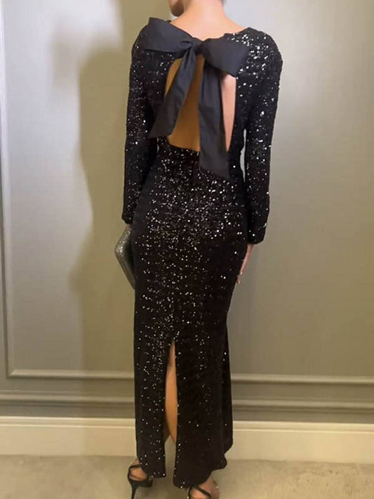 Sequin Backless Bow Maxi Dress - Airnori