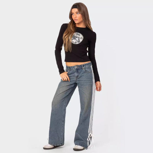 Luna - Side Stripe Bow Wide-Leg Jeans