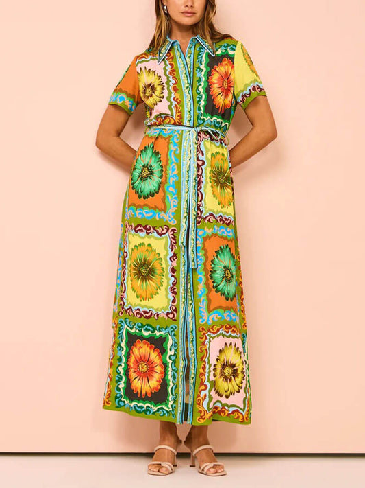 Selena - Sunflower Print Satin Maxi Dress