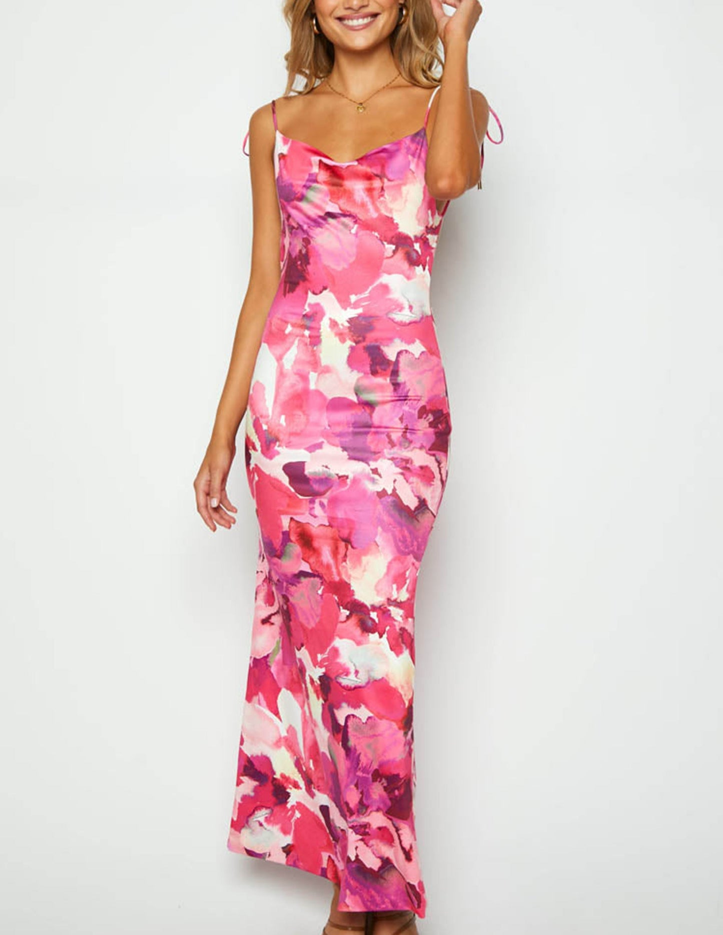 Sleeveless Backless Pink Print Maxi Dress - Airnori