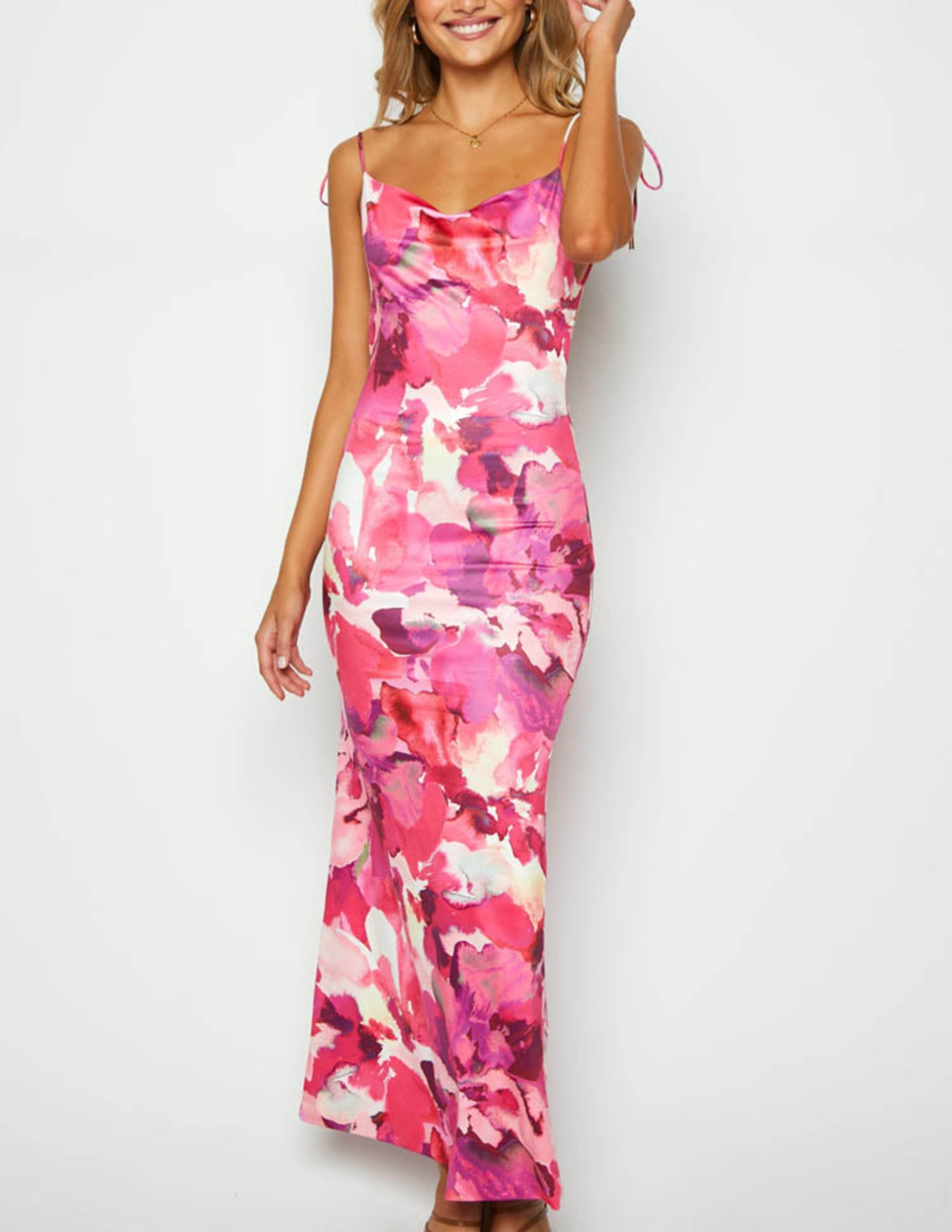 Sleeveless Backless Pink Print Maxi Dress - Airnori