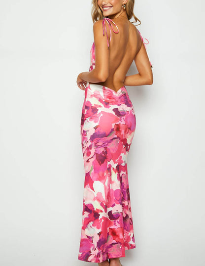 Sleeveless Backless Pink Print Maxi Dress - Airnori