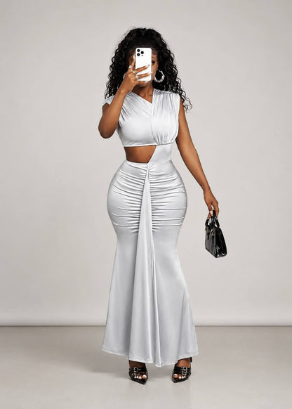 Silver Pleat Cutout Gown