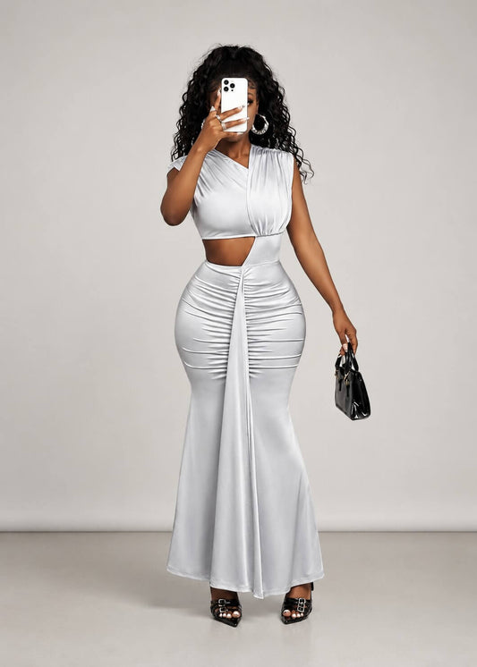 Silver Pleat Cutout Gown