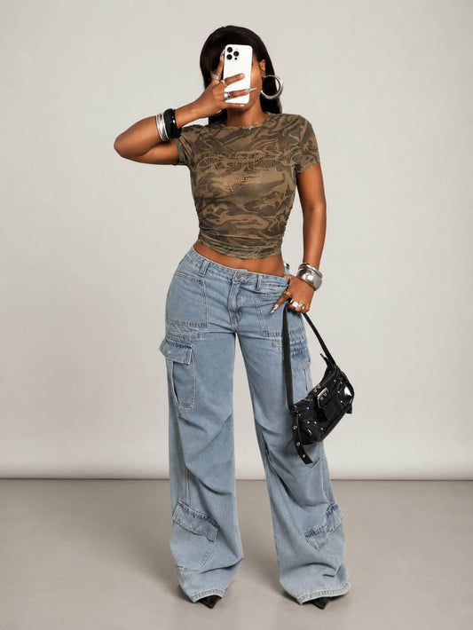 Urban Camo Rhinestone Mesh Top