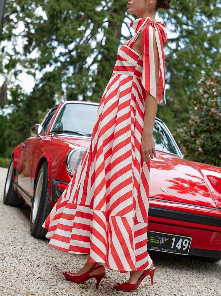 Sophia - Striped High-Waisted Turtle Neck Maxi Dress