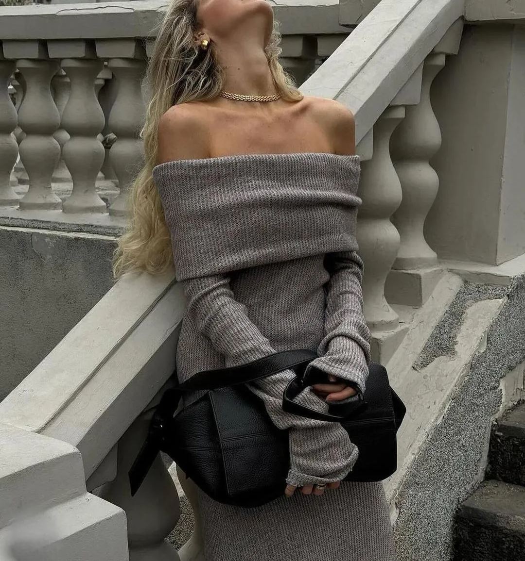 Elegant Knit Off-Shoulder Maxi Dress