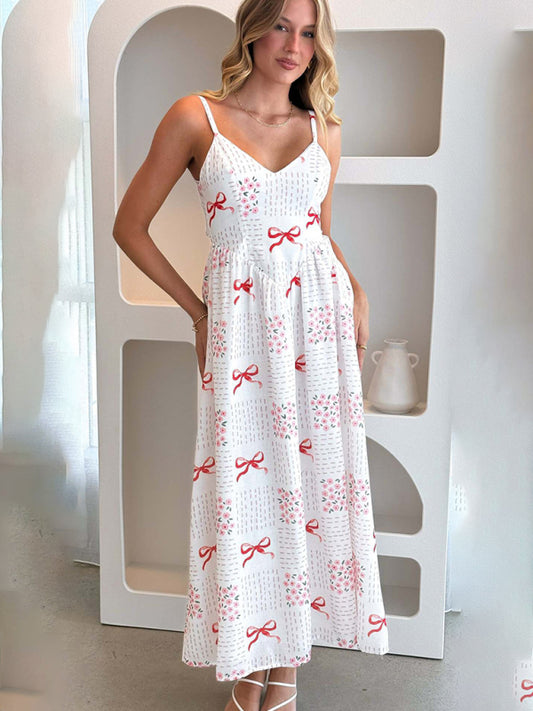 V-Neck Bow Print Backless Holiday Midi Dress