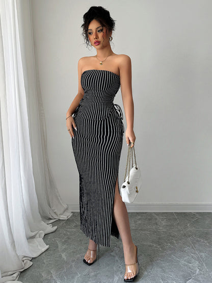 Chic Striped Knit Strapless Maxi Skirt Set