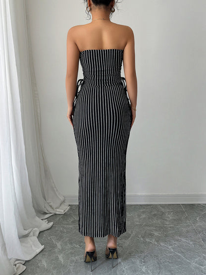 Chic Striped Knit Strapless Maxi Skirt Set