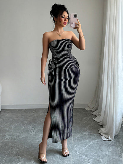 Chic Striped Knit Strapless Maxi Skirt Set